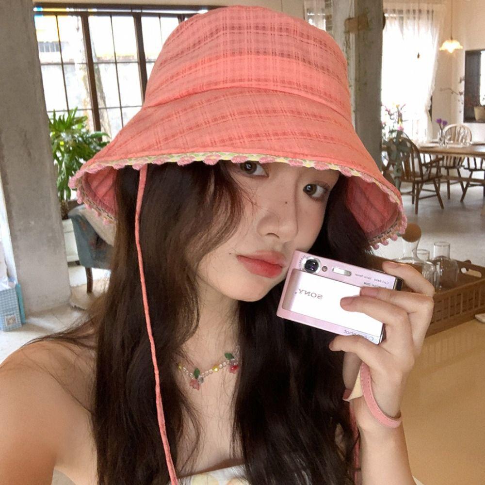 Sweet Lace-up Sun Caps French Style Women's Sun Hat Elegant Summer Fisherman Hat  Lady