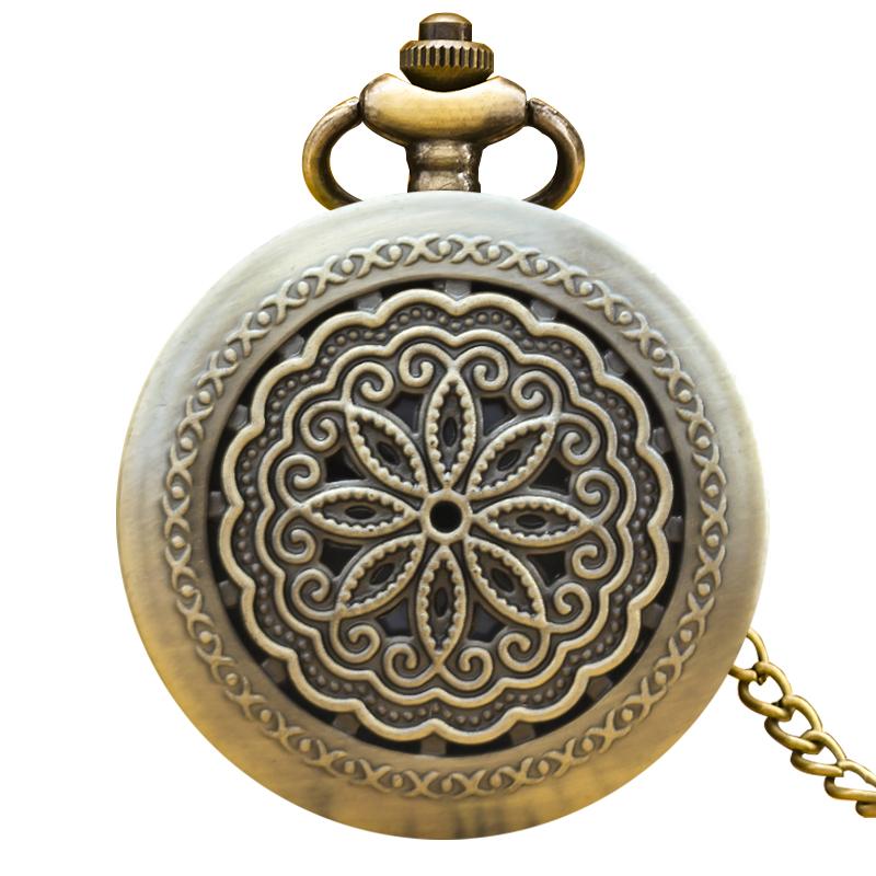 

Vintage Bronze Clamshell Creative Cutout Flower Carved Necklace Quartz Pocket Watch Fashion Male And Female Students Universal