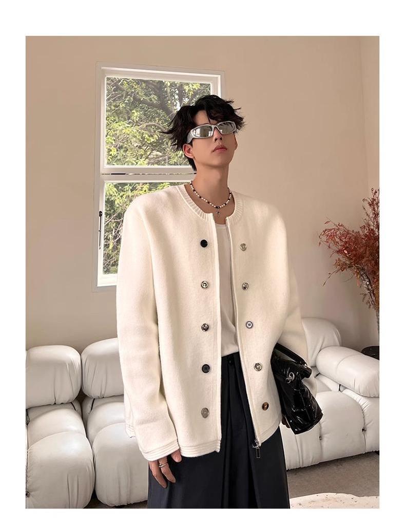 Męski kardigan dzianinowy z wysokiej półki, zapinany na zamek, z okrągłym dekoltem - Jesienno-zimowy styl leniwy