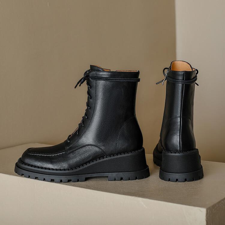 Mode Neue Keilabsatz-Plateau-Stiefel aus Spaltleder Damenstiefel Runde Zehen Lammfell Kurze Stiefel für Damen Hohe Absätze Winter Kniehohe Stiefel Damen