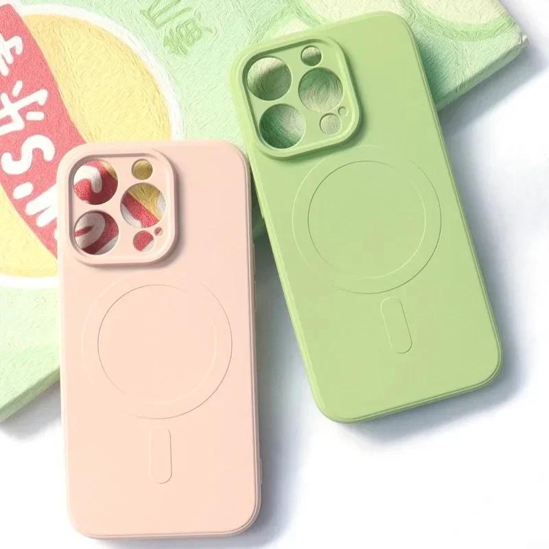 Liquid Silicone Case For iPhone 16 15 14  11  Pro Max Plus Phone Magnetic Wireless Charger For Magsafe Shockproof Back Cover