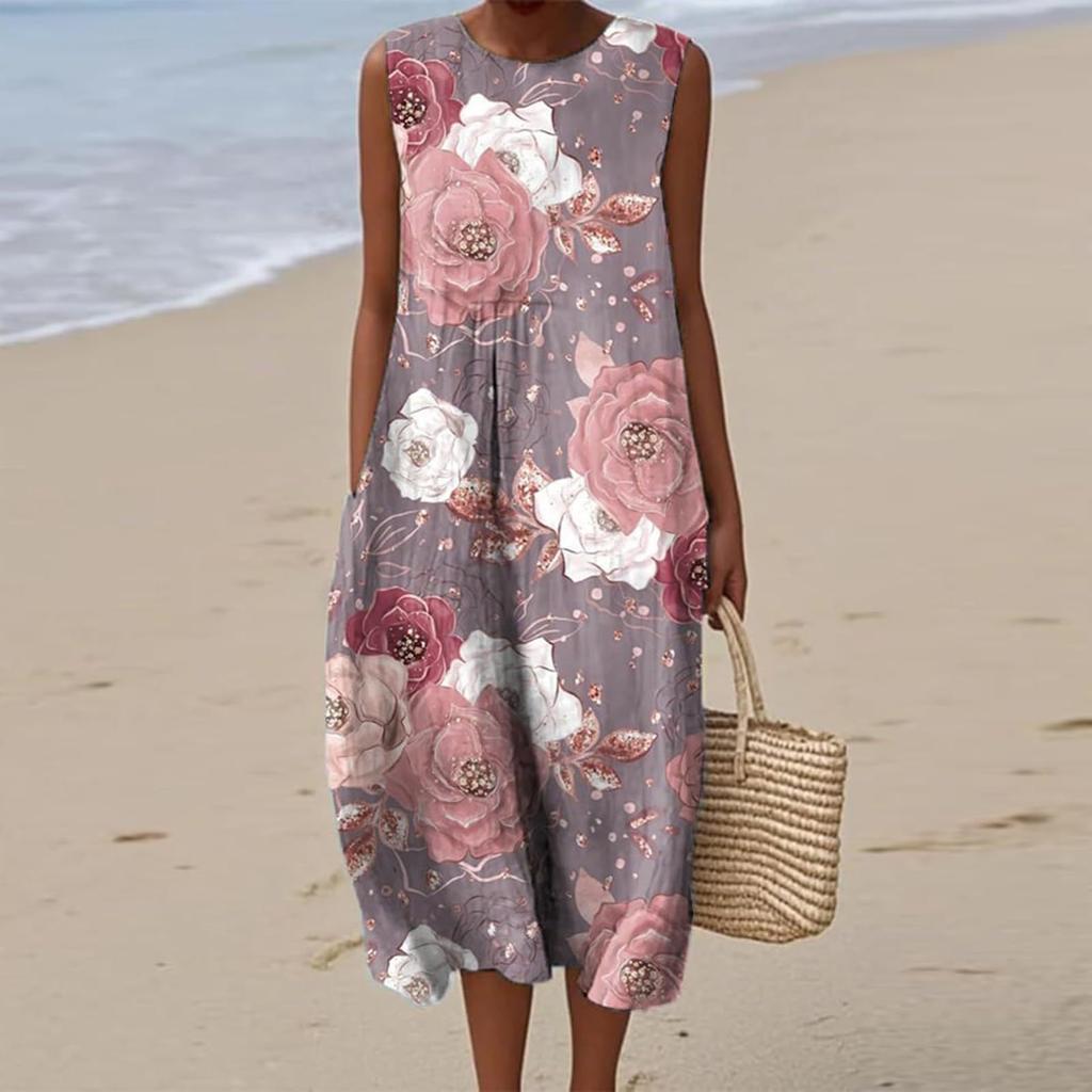Summer European and American women's new sleeveless seaside vacation D printing dress