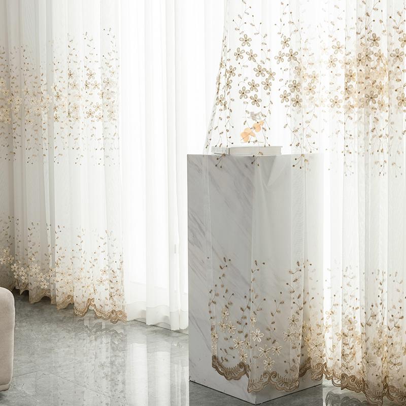 1pc Glam Embroidered Floral Grommet Top Curtain, Semi-Sheer Polyester Window Screen for Bedroom
