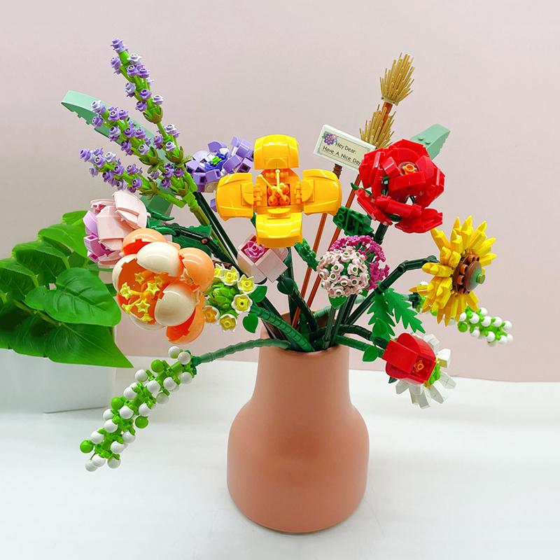 Mini růže Stavebnice DIY Květina v květináči Kytice 3D Model Domácí dekorace Vzdělávací hračky pro dívky Dárek