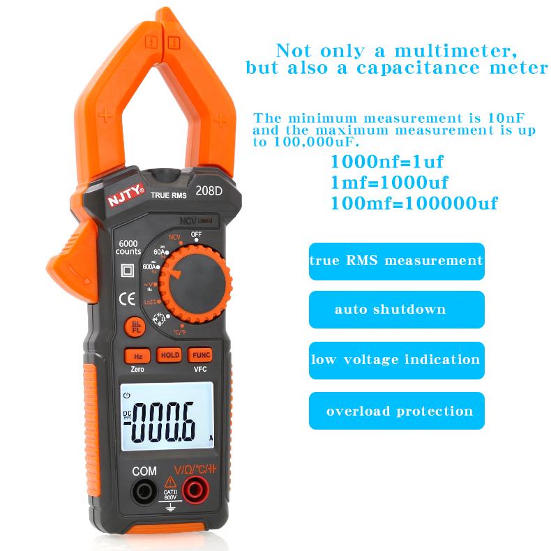 NJTY 208D Electrician AC/DC Clamp Meter Digital Multimeter Display AC/DC Current High Precision Clamp Meter