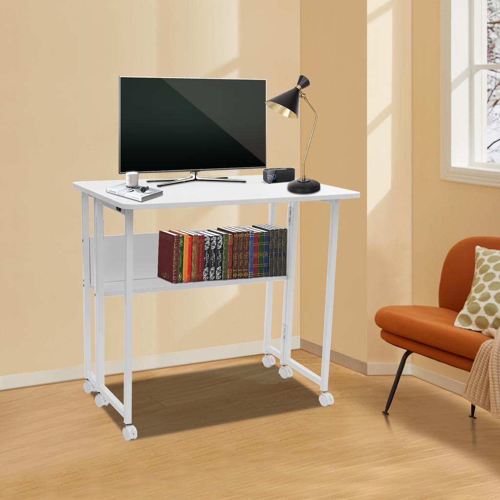 Folding Desk with Bookshelf & Wheels, Portable Table for Home Office, 80x58cm White Computer Desk, Space Saving Student Desk