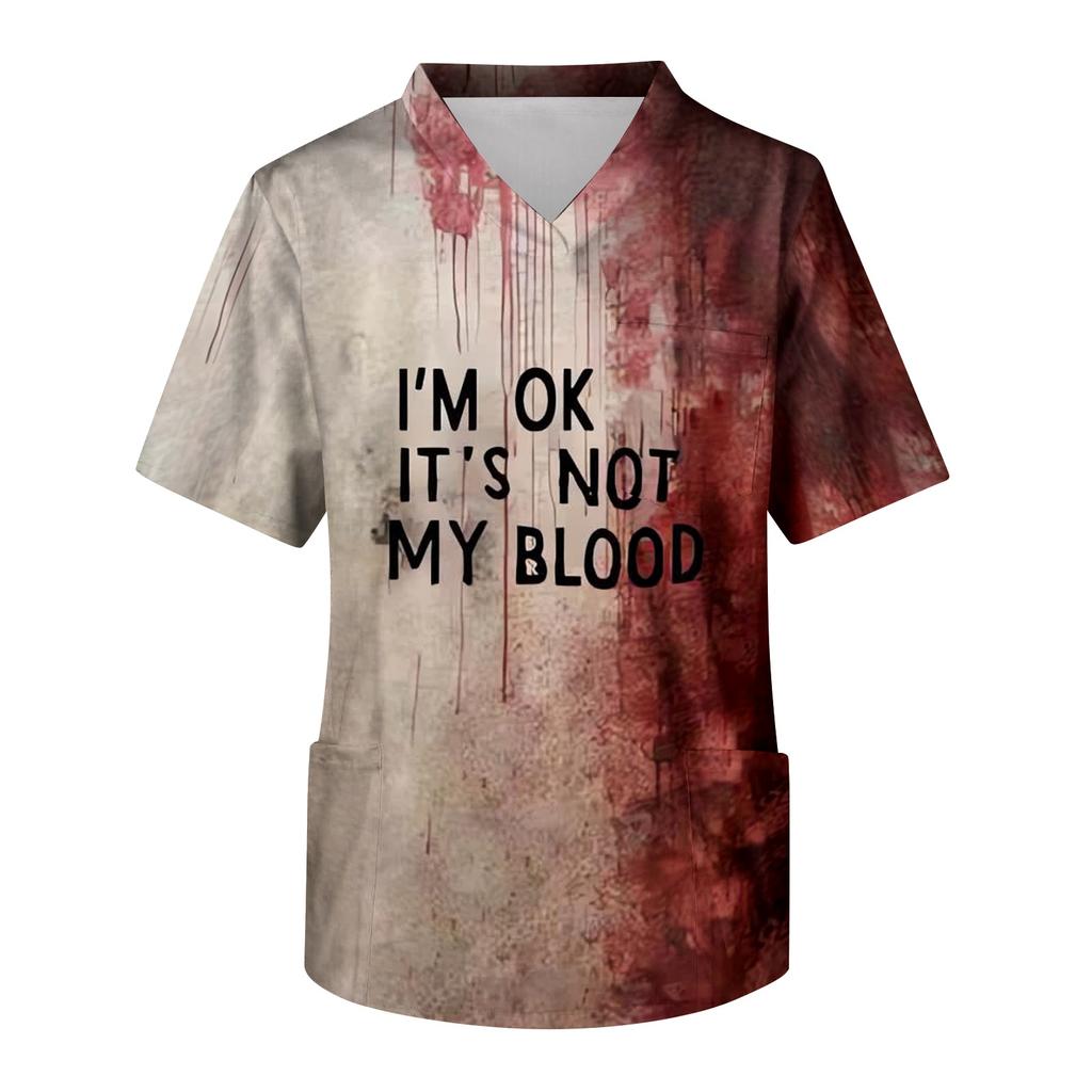 Herren Kurzarm V-Ausschnitt Kasack mit Brusttasche Halloween-Print