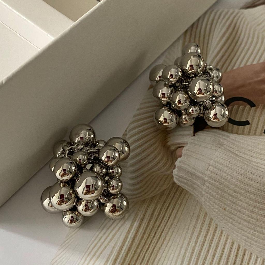 925 Sterling Silver Irregular Beaded Earrings with Textured Metal Balls – European/American Style, Exaggerated Fashion Design