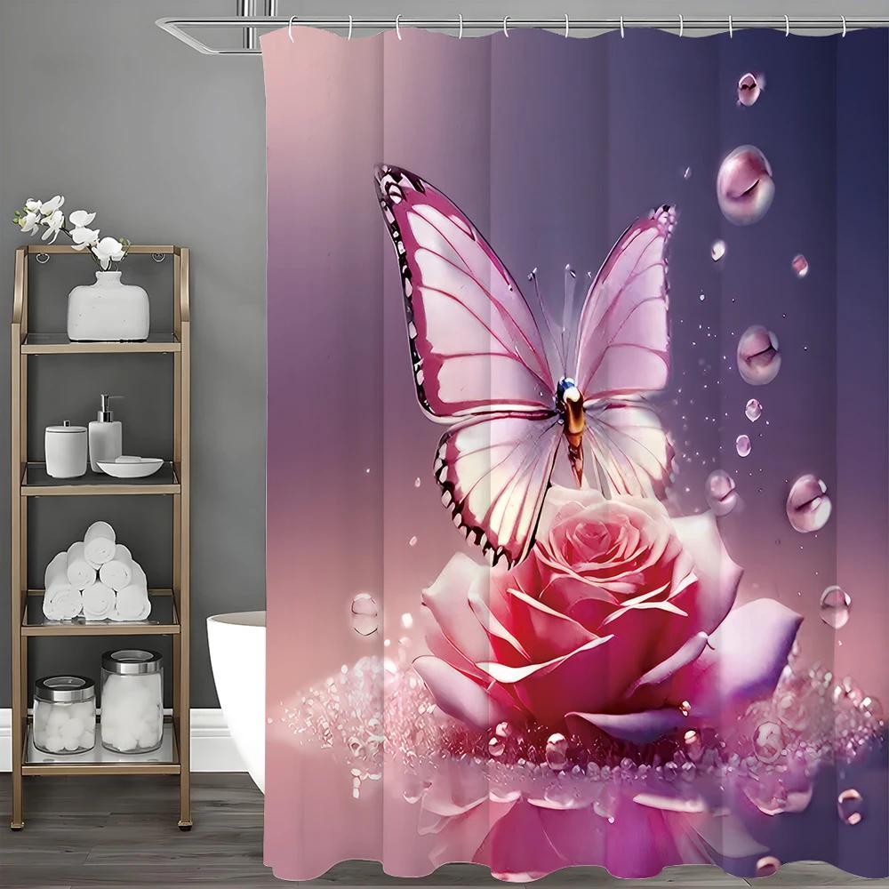 Butterfly Rose Shower Curtain, Bathroom Decorative Shower Curtain, Waterproof Shower Curtain with Hooks