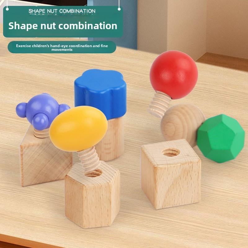 Wooden Montessori Early Learning Screw Building Blocks Shape Toy For Kids Handeye Coordination Development