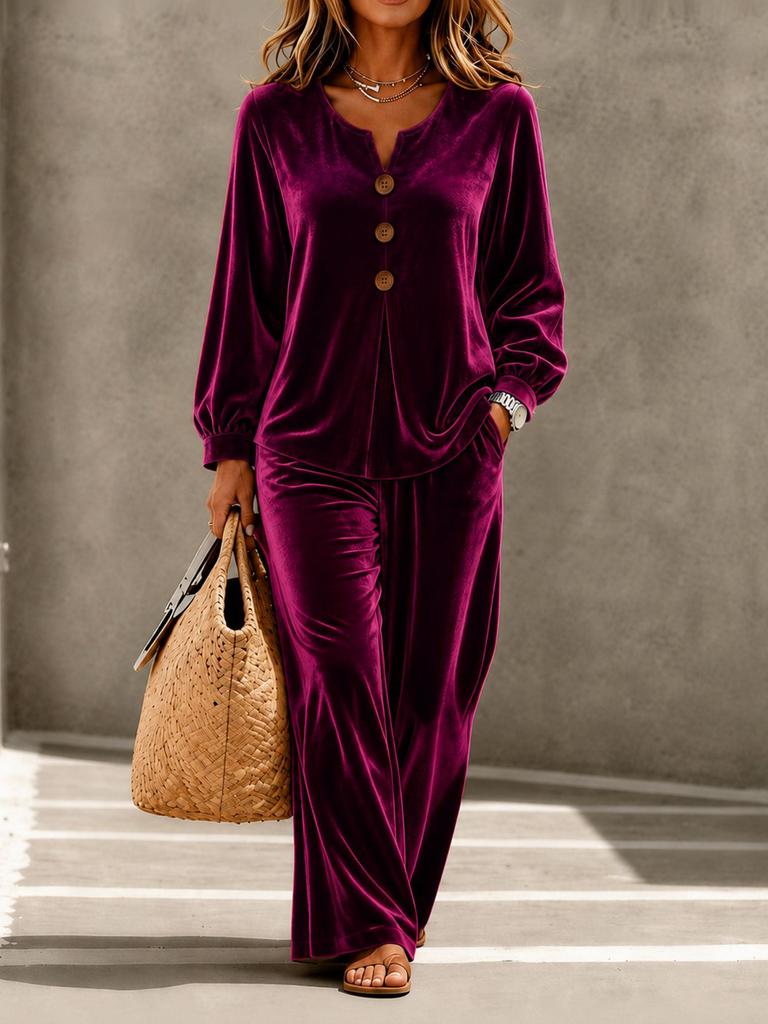 European and American Cross-border TK Women's New Velvet Casual Button V-neck Long-sleeved Top and Trousers Two-piece Set