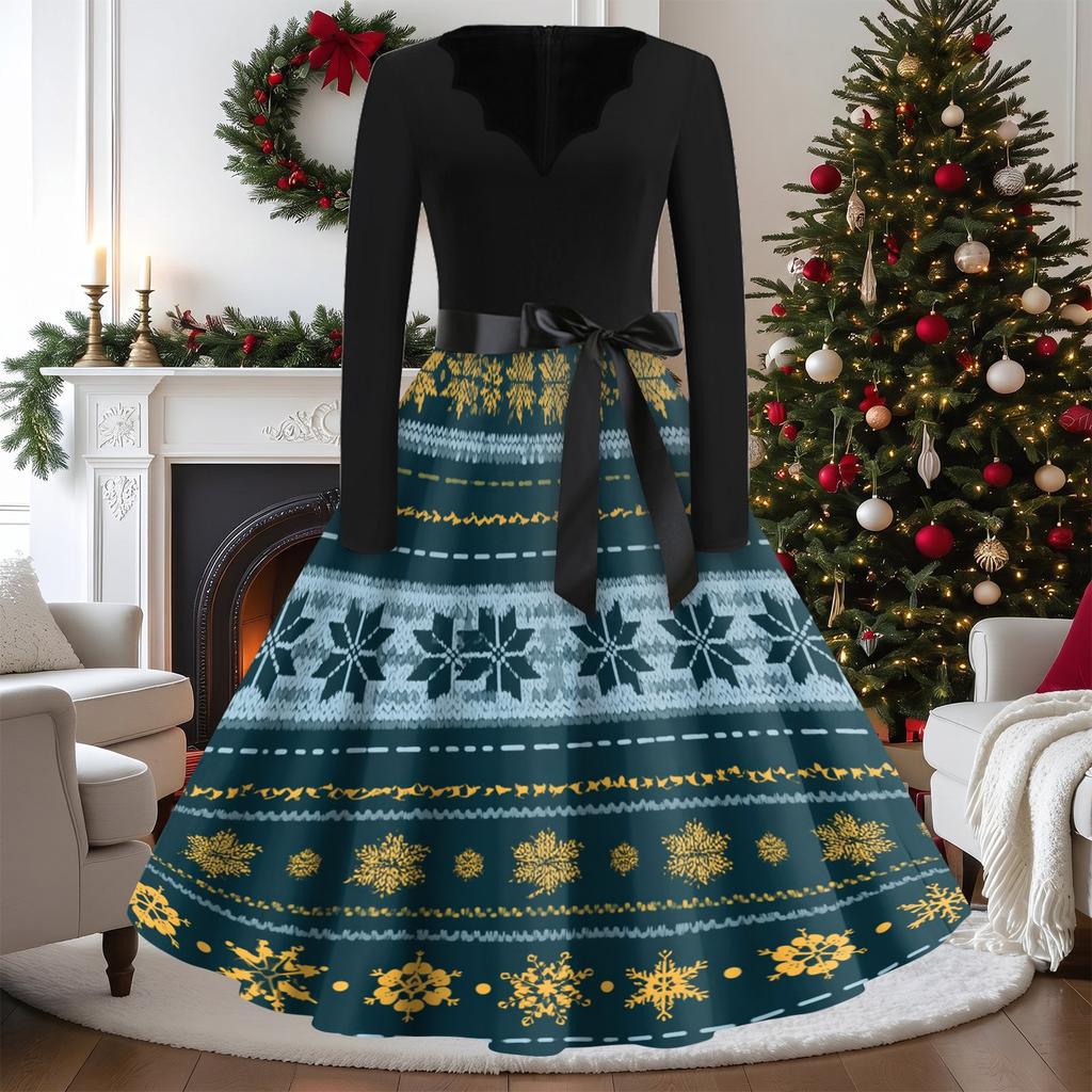 Women's Casual Vintage V-Neck Long Sleeve Dress with Christmas Print