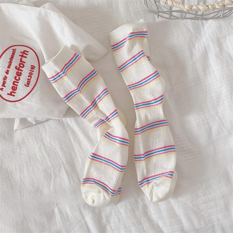 Ladies Spring and Summer Thin Striped Star Color Polka Dot Lovely Breathable Mesh Hollow Tube Stack Socks