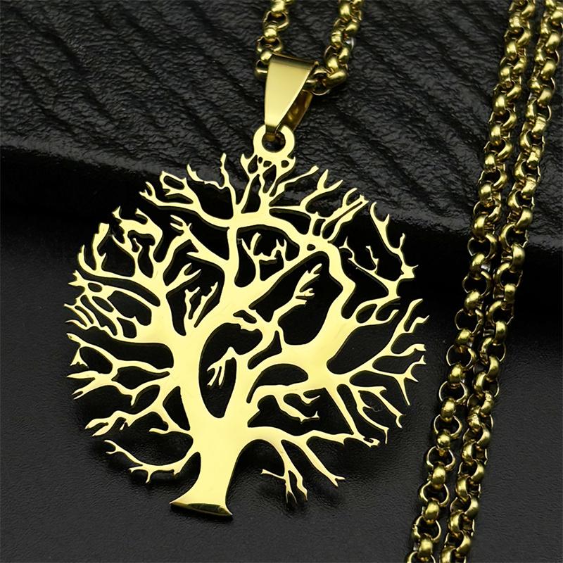 Tree of Life Stainless Steel Long Necklace for Men Black Color Necklaces & Pendants Jewelry cadenas para hombre N834S03