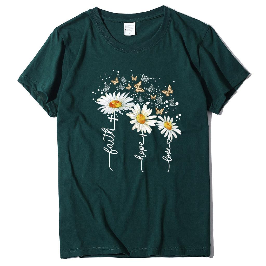 Ležérní tričko s potiskem chryzantémy a motýlů, letní top s krátkým rukávem z čisté bavlny s kulatým výstřihem, dámské