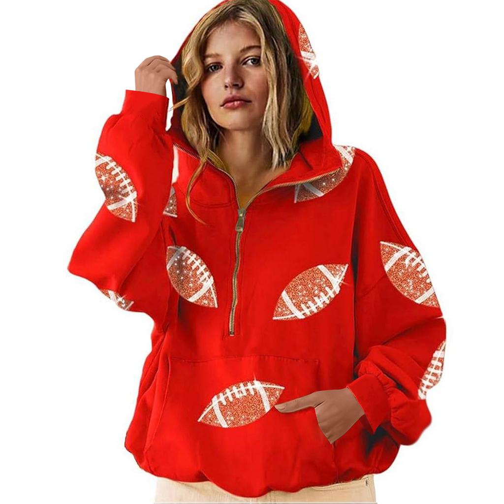 Women's Sports Shirt With Rugby Sequins And Pockets Long Sleeved Half Zip Hooded Top