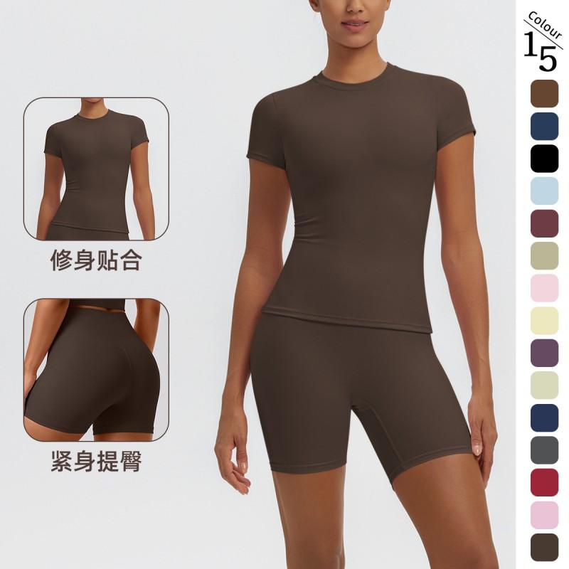 Breathable Yoga 2-Piece Set Short Sleeve High Waist Shorts Workout Fitness Activewear Women