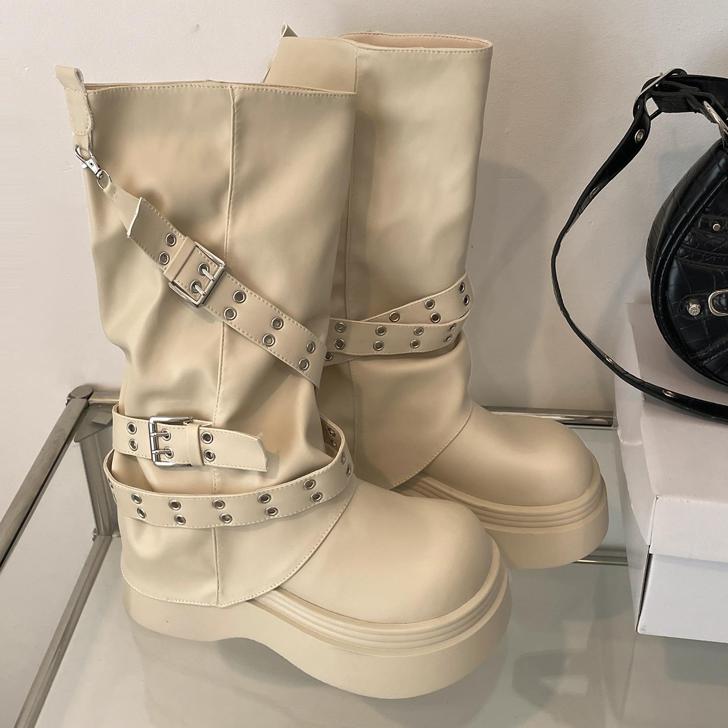 

White retro British style thick-soled medium boots children s 2025 new autumn skirt height-enhancing and thin knight boots 39 бежевый