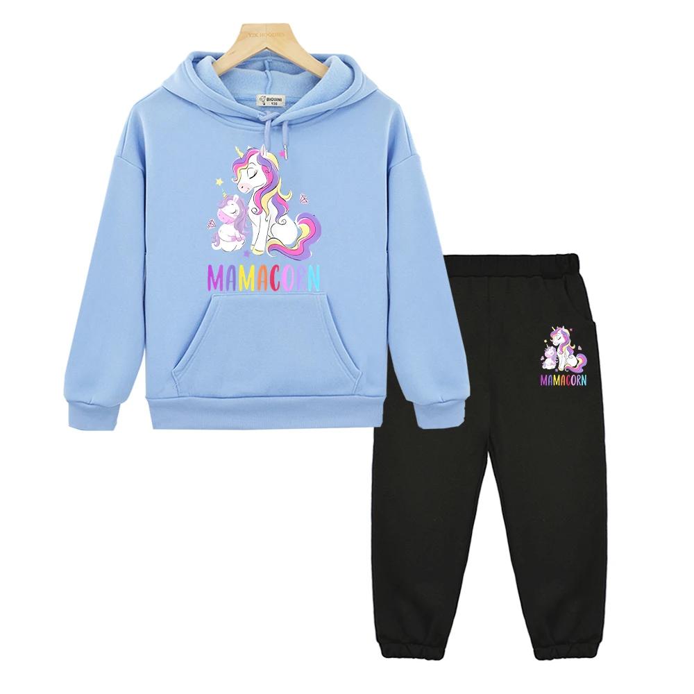 Unicorn Print Boys Girls Hooded Sets Kawaii Anime Hoodie Autumn Sweatshirt Fleece Pullover Cartoon 2PCS Jacket+Pants Kids Boutique Clothes