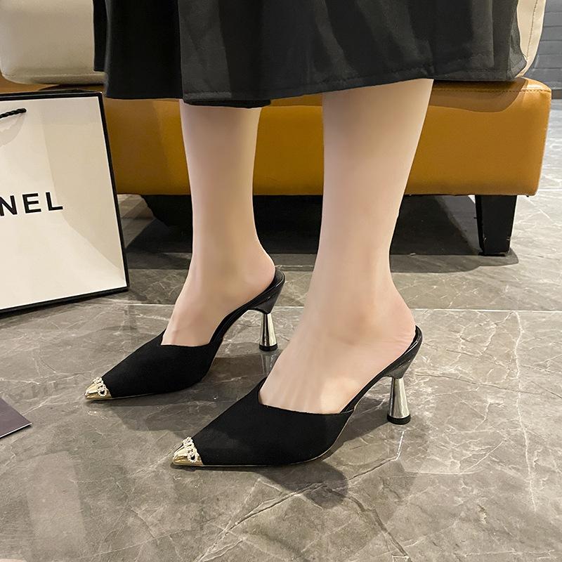 2025 Spring New Bag Head Half Slippers 33 Small Size Pointed Head Stiletto High Heels Fashion Muller Cool Slippers Women's Summer