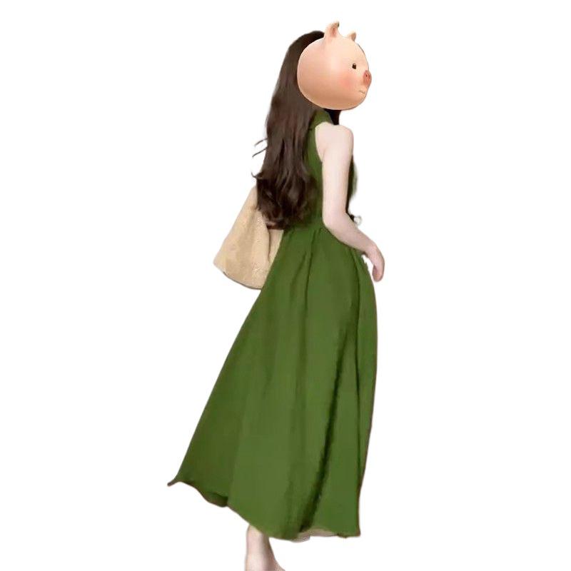 2026 Summer French Green Sleeveless Children's Beach Resort Long Dress