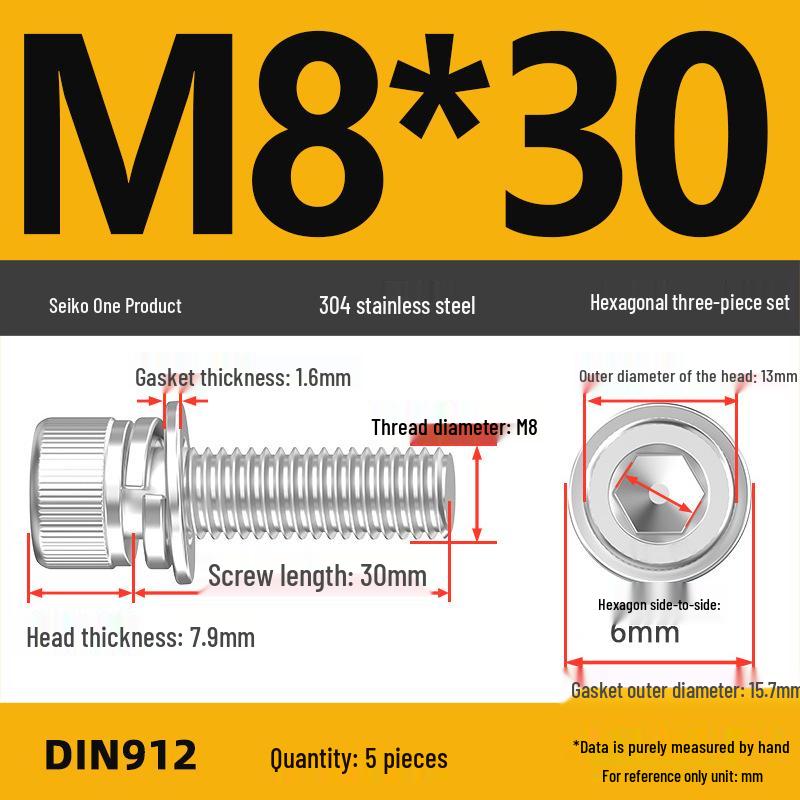 304 Stainless Steel Hex Socket Cap Screw with Washer - Sizes M3, M4, M5, M6, M8, M12