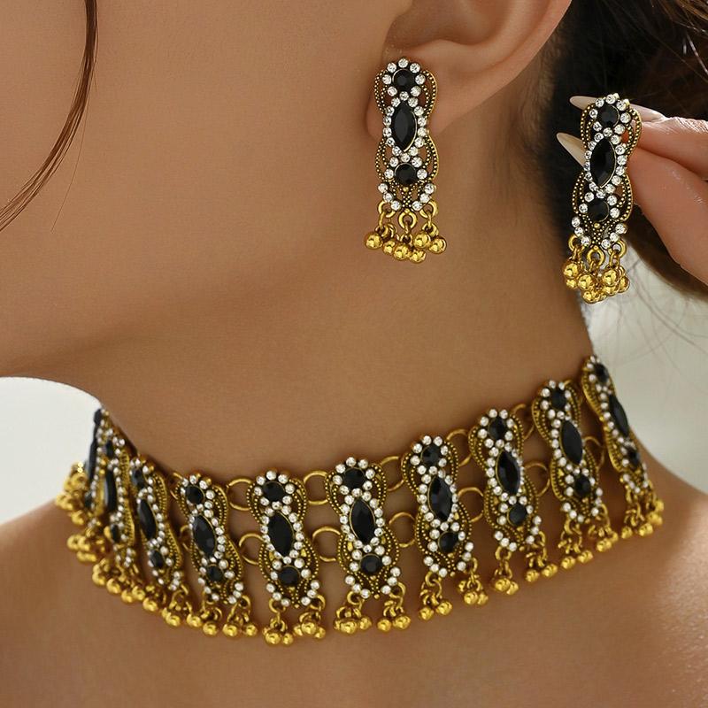 Vintage Ethnic Inlaid Colorful Crystal Stone Daily Outfits Party Accessories Statement Necklace Earrings Jewelry Gift