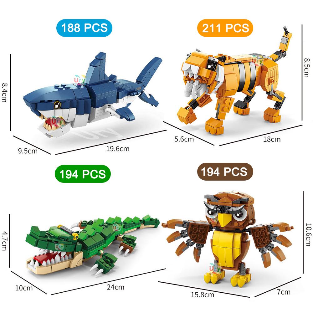 Ocean Marine Fish 3in1 Animals Shark Tiger Owl Crocodile Model Set Building Blocks Diy Children Assemble Toy for Kid Gift