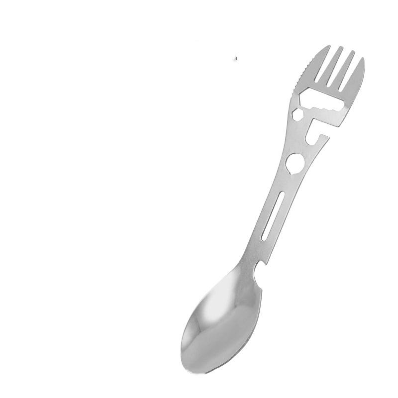 

Многофункциональная походная ложка и вилка из нержавеющей стали, портативный и утолщенный большой набор уличной посуды, встроенная открывалка для бутылок серебряный