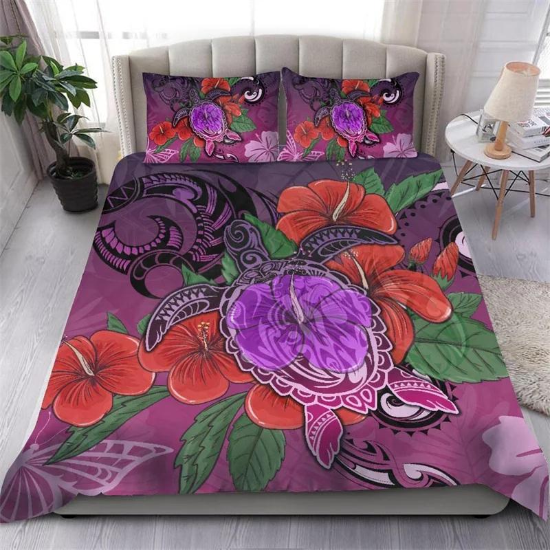 Hibiscus Floral Duvet Cover Tribal Polynesian Turtle Bedding Set Single Twin King Microfiber Plumeria Hawaiian Comforter Cover
