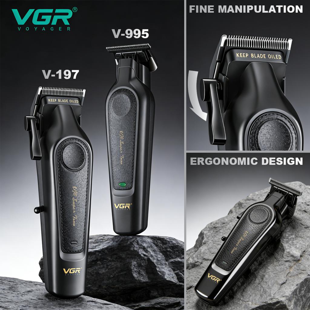 New Original VGR Professional Home Hair Clippers Rechargeable Hair Trimmer Metal Body Haircut Machine DLC Blade Clippers for Man V-197 V-995 A Set