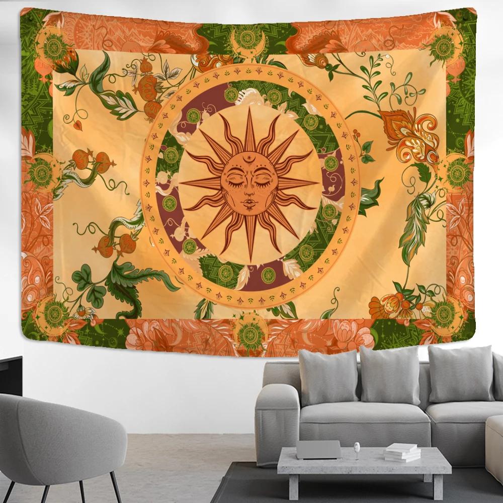 VIKAMA Fresh Green Sun God Tapestry BohemianStyle Bedroom Headboard Decorative Backdrop Room Decoration