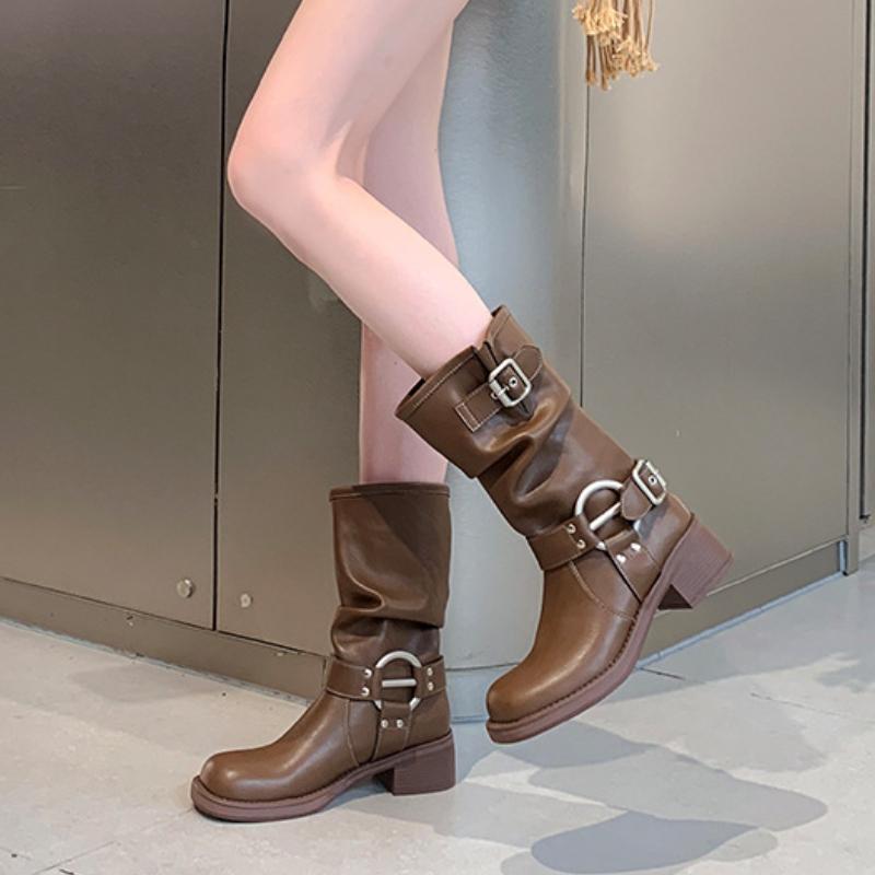 European and American Belt Buckle Stacking Boots 2024 New Retro Solid Color Simple Mid Length Women's Boots Zapatillas Deporte