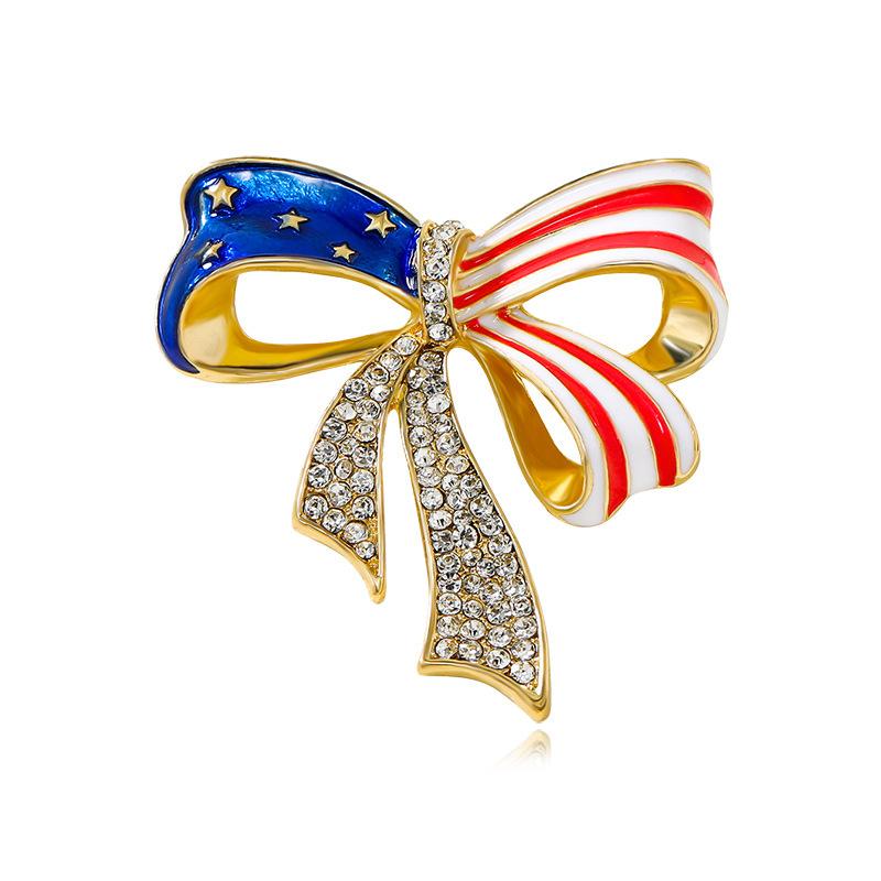 American flag bow brooch, niche high-end versatile, diamond studded brooch, European and American, personalized, dripping oil