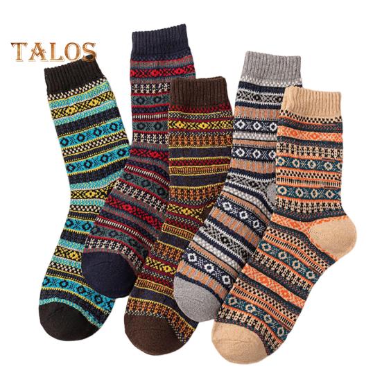 

5 пар мужских зимних носков, высокие хлопковые носки в этническом стиле, эластичные манжеты в рубчик, цветные носки для походов и спорта, машинная стирка, сохраняют тепло B