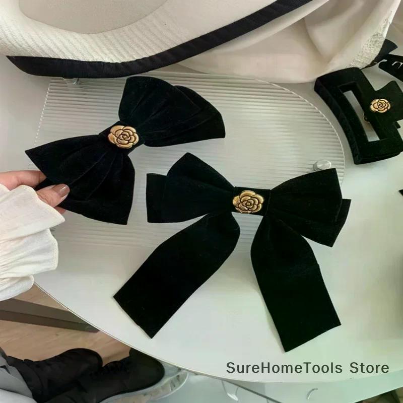 Nouvelles épingles à cheveux en velours noir avec nœud et ruban, élégantes pinces à cheveux camélia en tissu pour femmes, accessoires de coiffure tendance pour queue de cheval