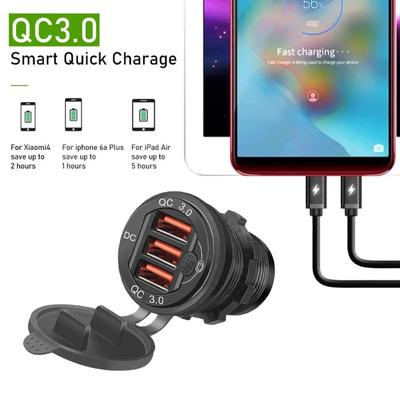 60W USB Car Charger Socket 3 Ports USB QC 3.0 Fast Charging with Touch Switch Socket for 12-24V Car Motorcycle Boat Marine RV