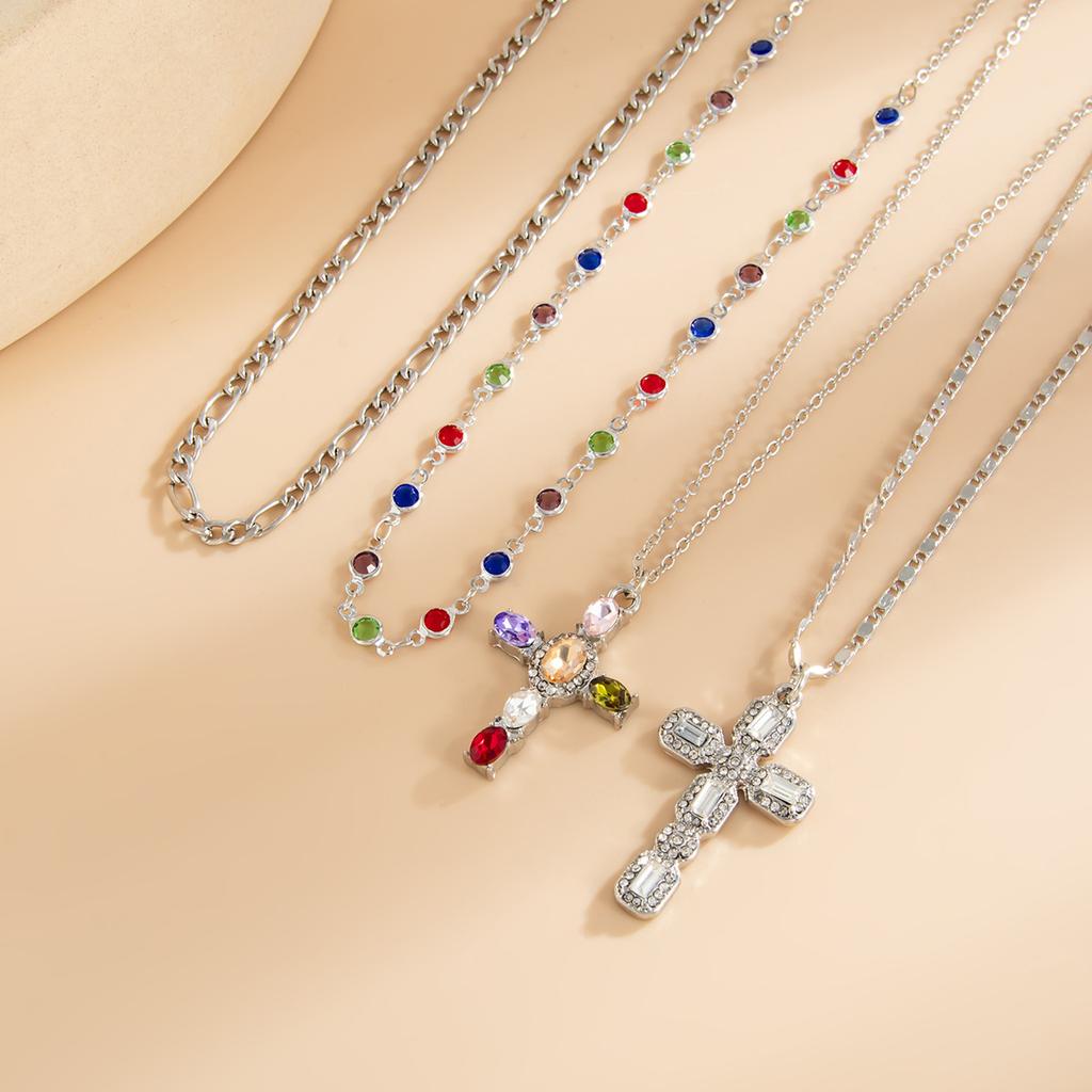 European and American Sense Y-shaped Fringed Necklace Women, Creative Color Double-layer Cross Pendant Collarbone Chain Necklace