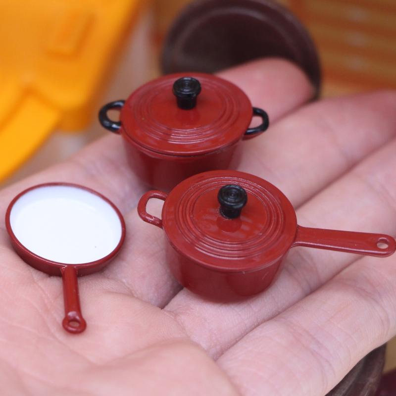 3Pcs Miniature Cookware Cooking Set Dollhouse Accessories 1:12 Alloy Enamel Pots And Pans Mini Cooking Play Kit For Game
