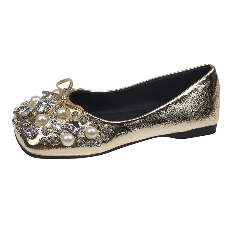 New inner height-increasing women's shoes flat-soled wedding shoes shallow mouth single shoes women's leather rhinestone ladyshoes one pedal Doudou