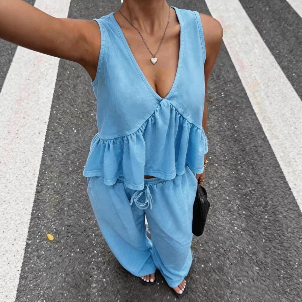 1116 European and American new women's clothing, casual V-neck pullover sleeveless plus trousers multi-color women's suit