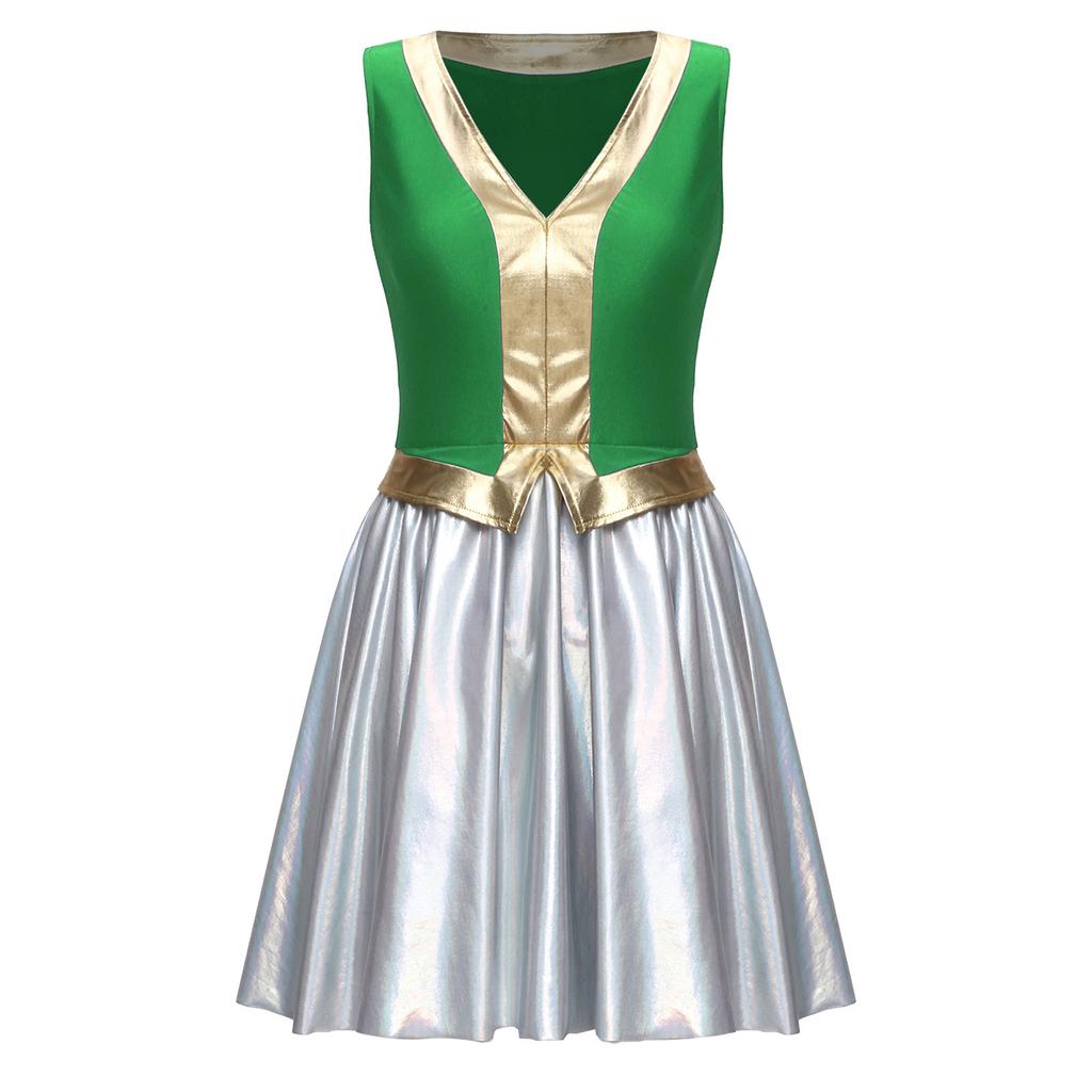 Womens Halloween Arab Princess Cosplay Dress V Neck Sleeveless Contrast Color Metallic Shiny Party Dress