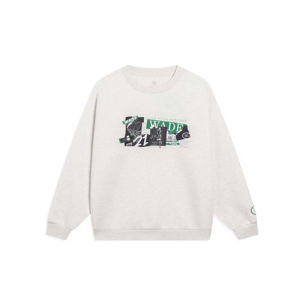 Li-Ning Wade Series Solid Color Letter Print Round Neck Pullover Sweatshirt Unisex Tops Floral-Grey Tile-Grey AWDT147-10