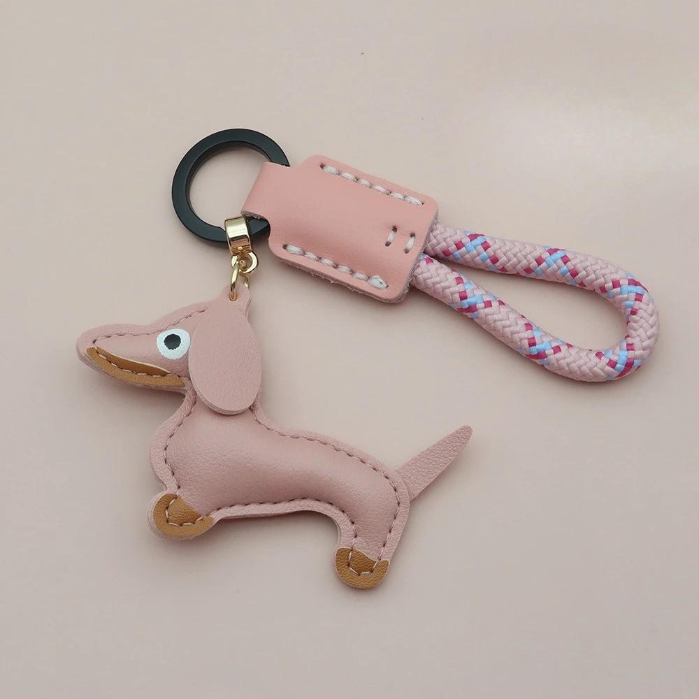 Custom Number Sausage Dog Leather Keychain Pendant Personalized Cartoon Keyring with Braid Rope Bag Car Key Ring