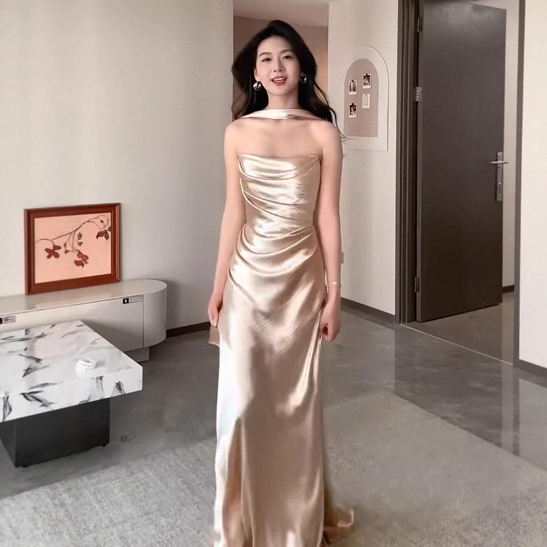 2025 Summer Elegant European & American Women's Strapless Long Sleeve Slim Evening Gown