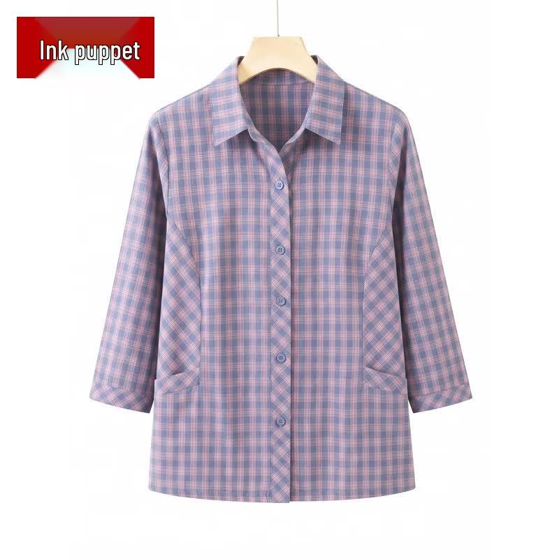 Middle-Aged Women s Plaid Cotton 3/4 Sleeve Shirt 5XL