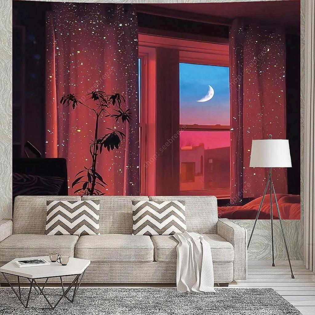 Imitation 3D Window Landscape Tapestry Wall Hanging Sunshine Beach Moonlit Night Wall Tapestry Art Home Decor Curtain Blanket