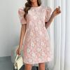 Summer Women Puff Sleeve Texture Jacquard Round Neck Retro Style Dress Mature Style French Retro Patchwork Slim Sexy Elegant Women Maxi Dress