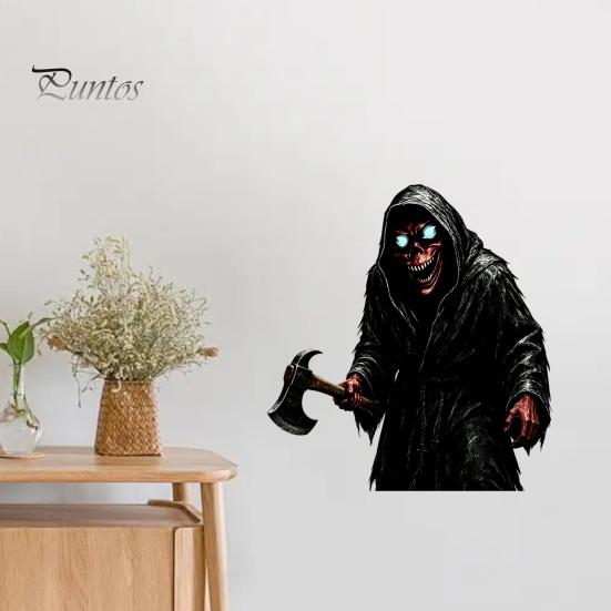 Creepy Ax Man Wall Decor Halloween Reaper Sticker, Scary Black Robed Demon with Decal, DIY Gothic Murals PVC Waterproof Art for Home Window Glass Easy