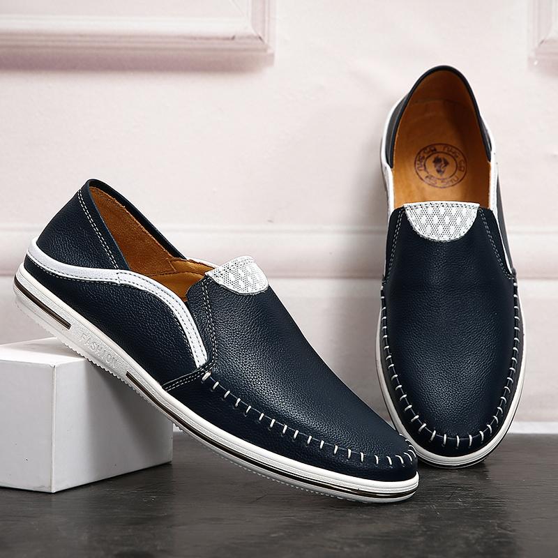 

Fashion Italian Mens Shoes Comfy Summer Men Loafers Non-Slip Genuine Leather Moccasins Light Breathable Slip on Boat Shoes Lightweight 44 темно-синий
